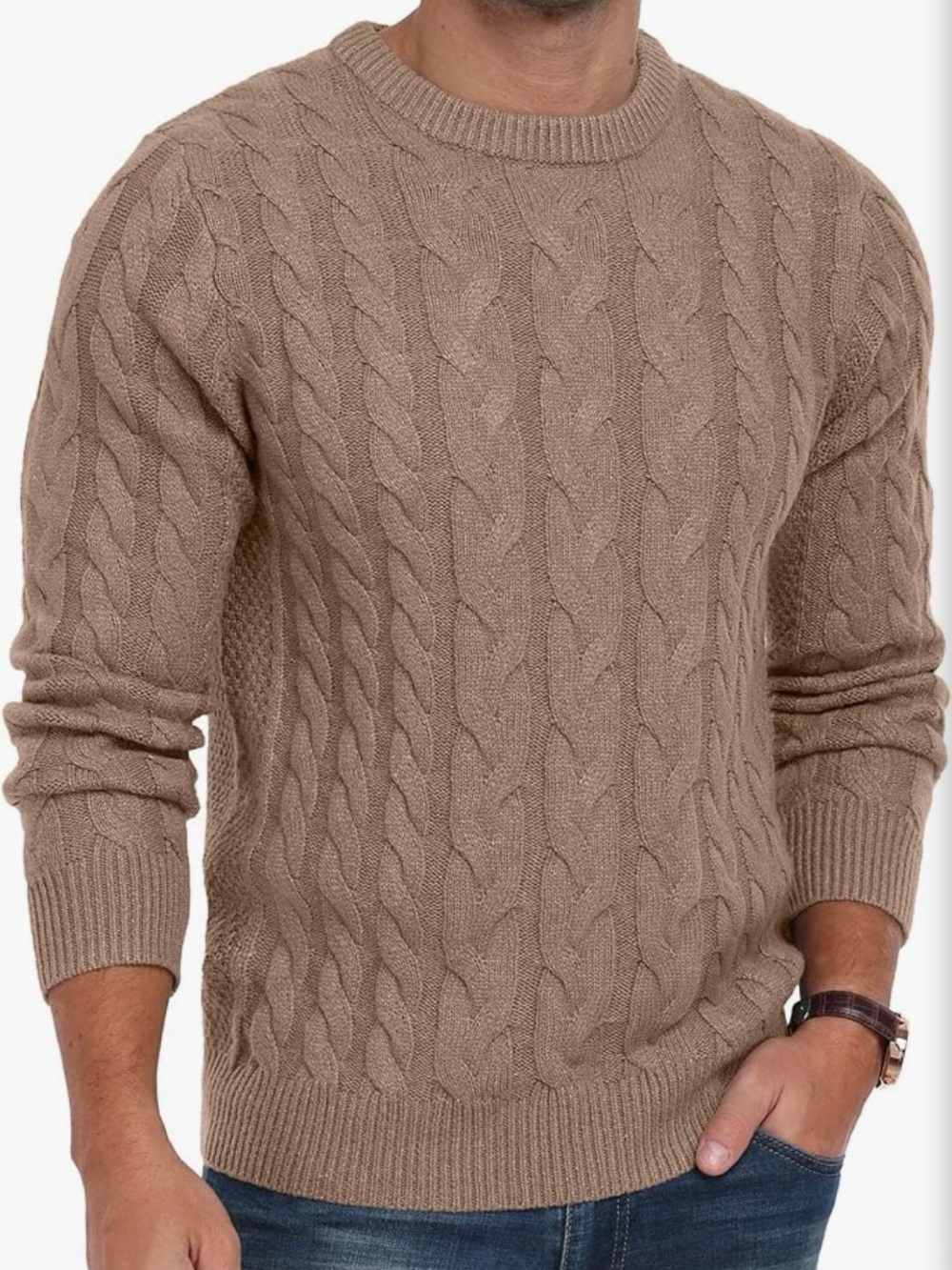 Men's Cable Knit Crewneck Sweater in Khaki NWT